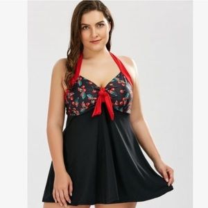 Retro Halter Plus Size Cherry Tankini Swimsuit